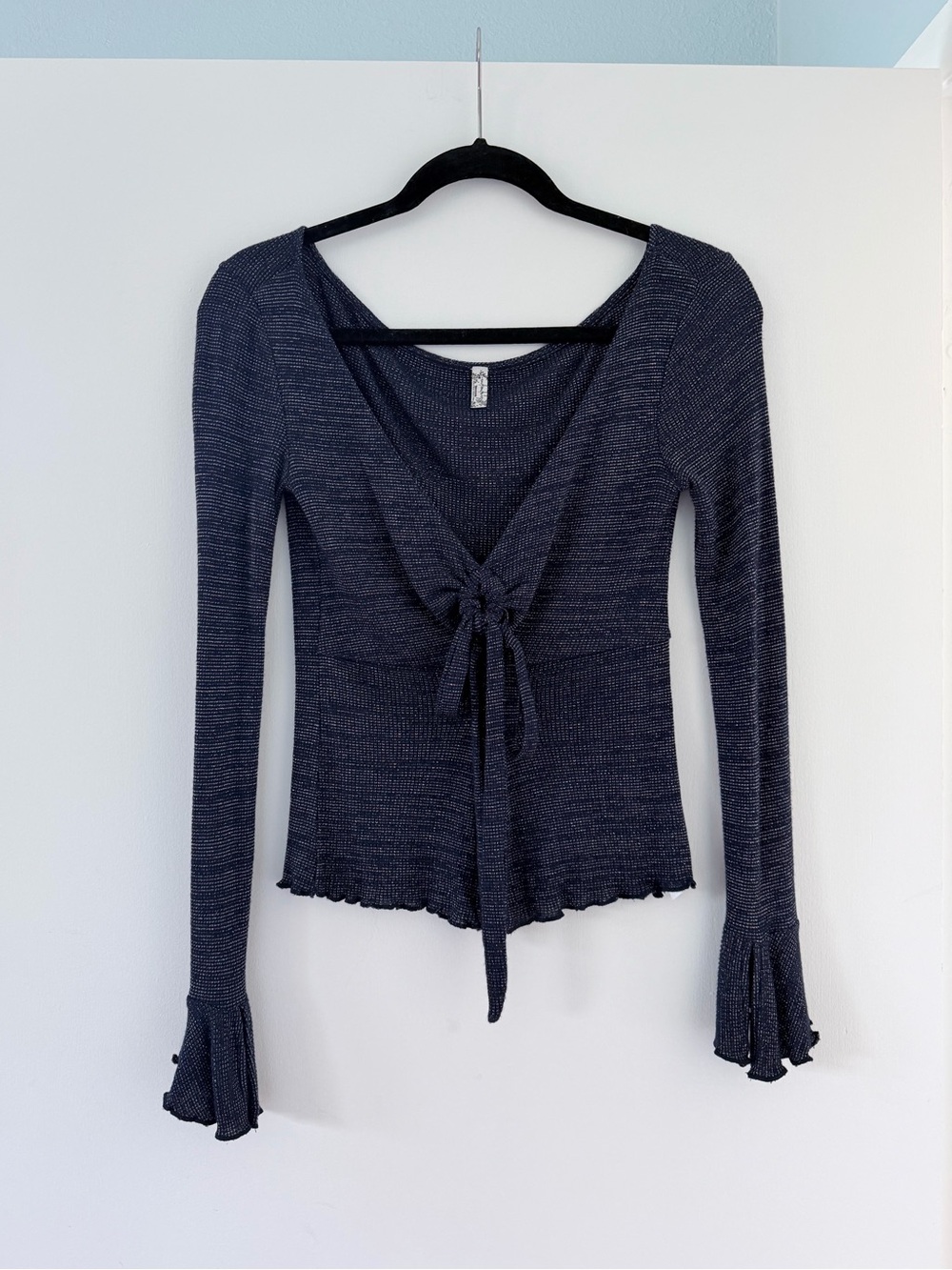 Free People Intimately Navy Metallic Sparkle Tie Front Bell Sleeve Top XS